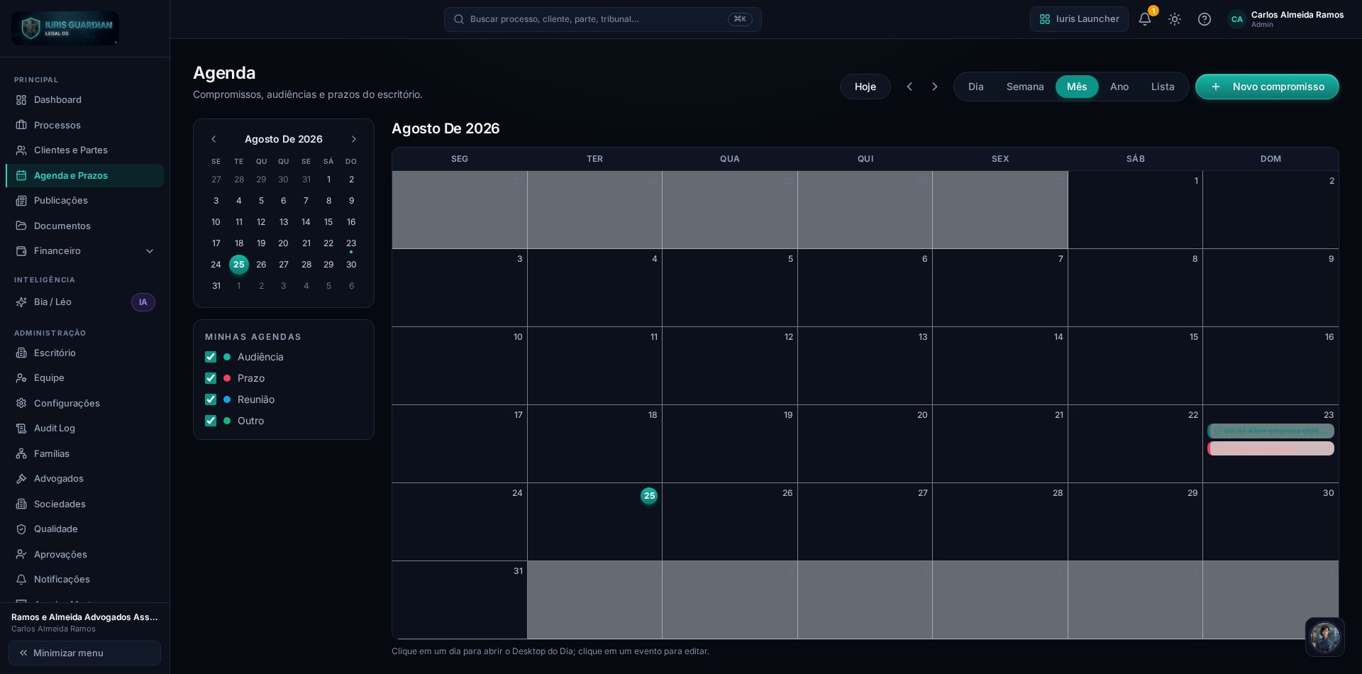 Tela da Agenda do Iuris Guardian Legal OS com compromissos e prazos organizados