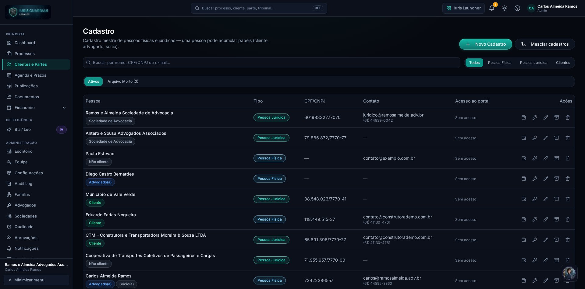Tela real de Clientes e Partes do Iuris Guardian Legal OS: cadastro mestre de pessoas físicas e jurídicas com CPF/CNPJ, contato e acesso ao portal